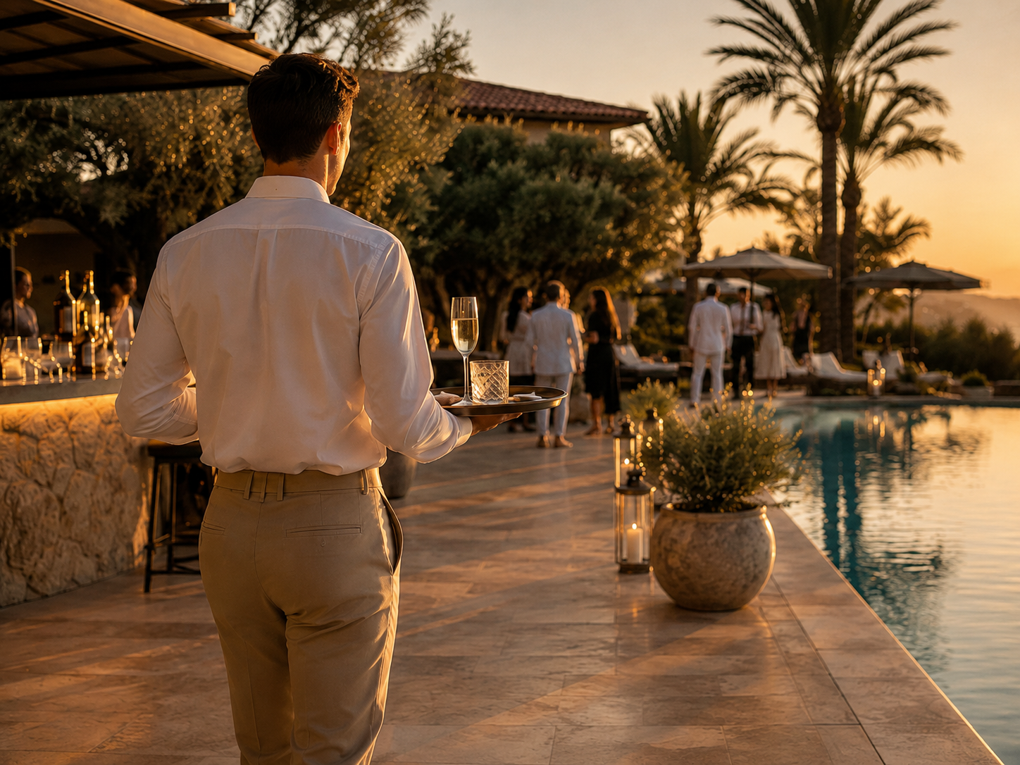 Illustration d’un service de cocktail privé à Saint-Tropez, serveur au bord d’une piscine