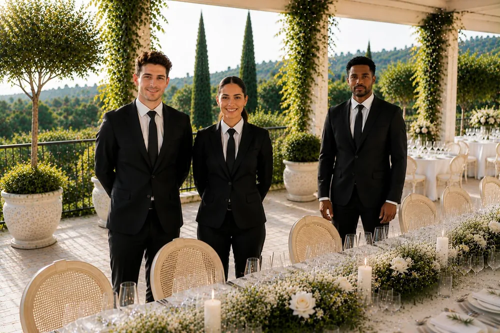 Équipe de maîtres d'hôtel en terrasse avant le service