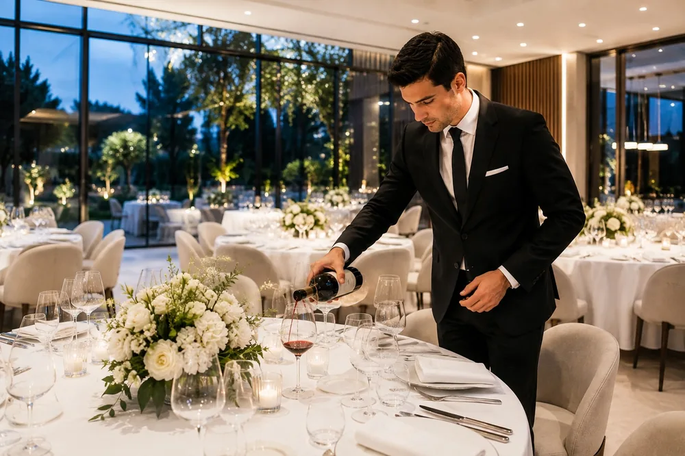 Service de vin à table lors d'un dîner privé